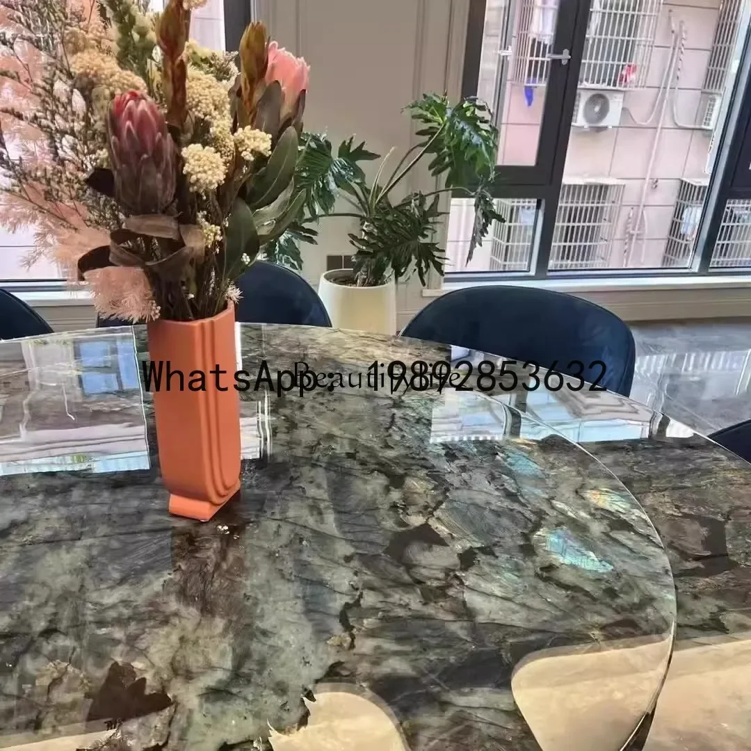 

W5.14 Blue jadeite dining table round natural luxury stone large flat mansion living room home