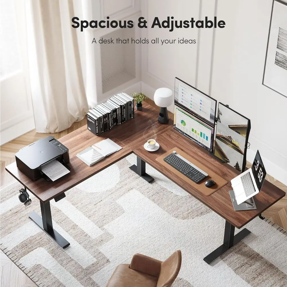 63 x 55 높이 조절 가능 L자형 책상, 검정색/검은 호두나무 상판이 있는 전동식 앉아서 일하는 홈 오피스 책상