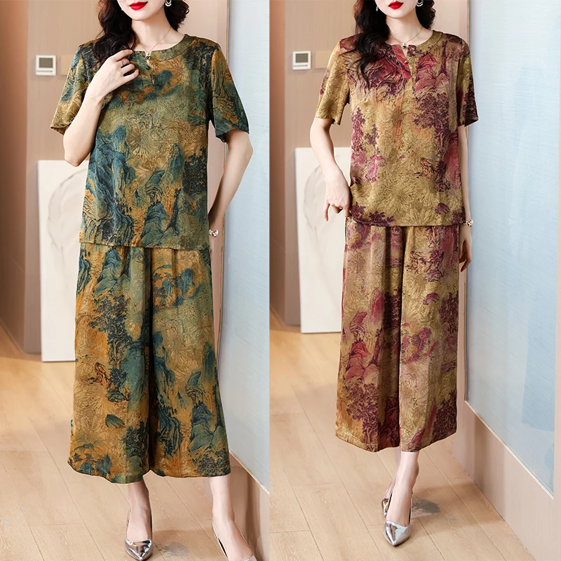 2024 Summer Luxury Fake Two Piece Pants Chinese Style Floral Silk Vintage Party Long Dress Women Elegant Casual Evening Vestidos