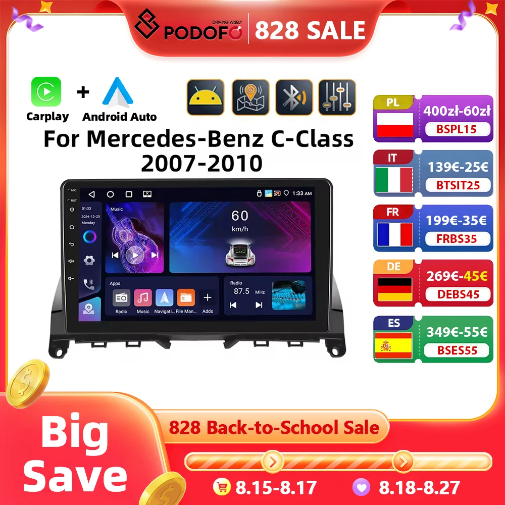 Podofo 2Din 9 ''autoradio per Mercedes-Benz classe C W204 S204 2007-2010 lettore multimediale GPS Carplay Android Car DSP BT RDS