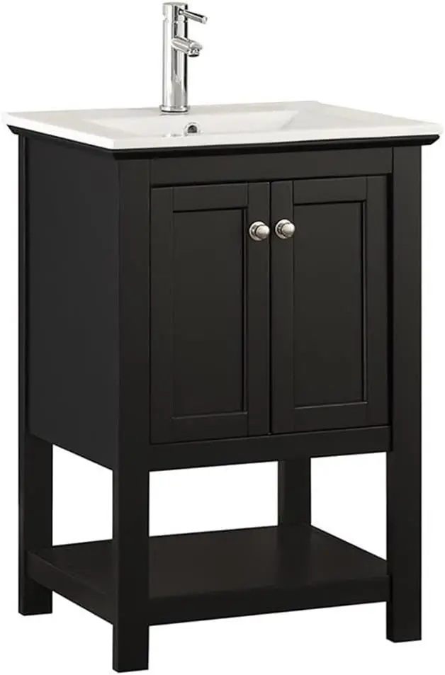 Manchester 24 Inch Black Bathroom Open Vanity with Storage Shelf - Countertop & Ceramic Sink with Cabinets