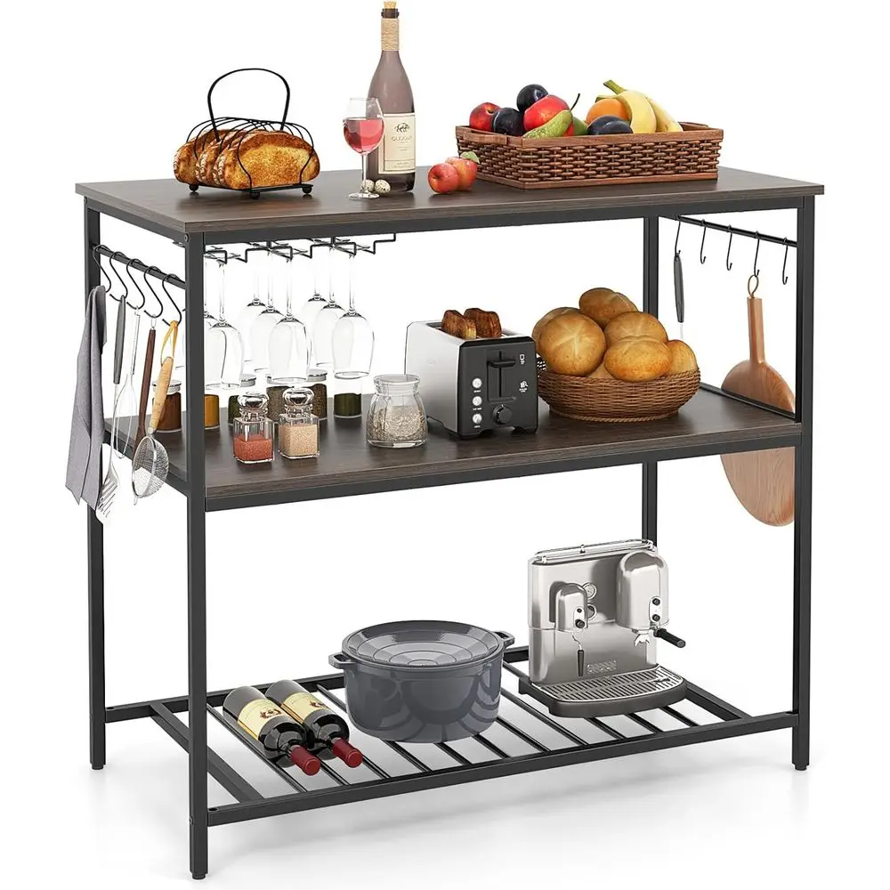 3-Tier Industrial Style Kitchen Island with Wine Glass Holders and 10 Hooks, Suitable for Kitchen and Dining Area, Grey and Blac