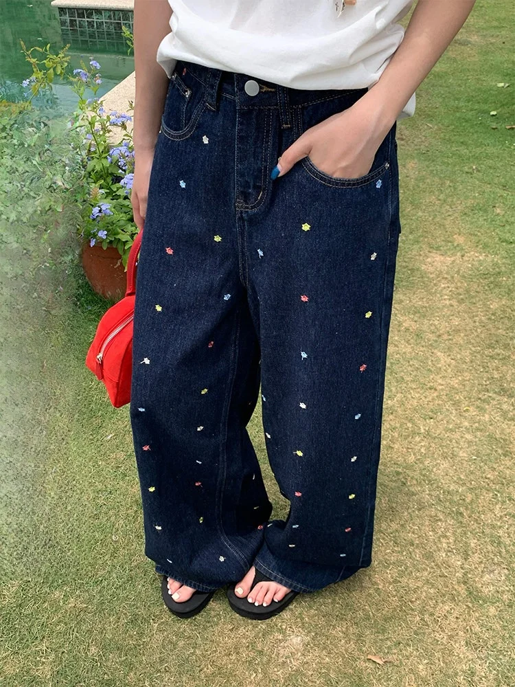 

Женские джинсы с цветочной вышивкой, летние, свободные, повседневные, прямые, широкие, с завышенной талией