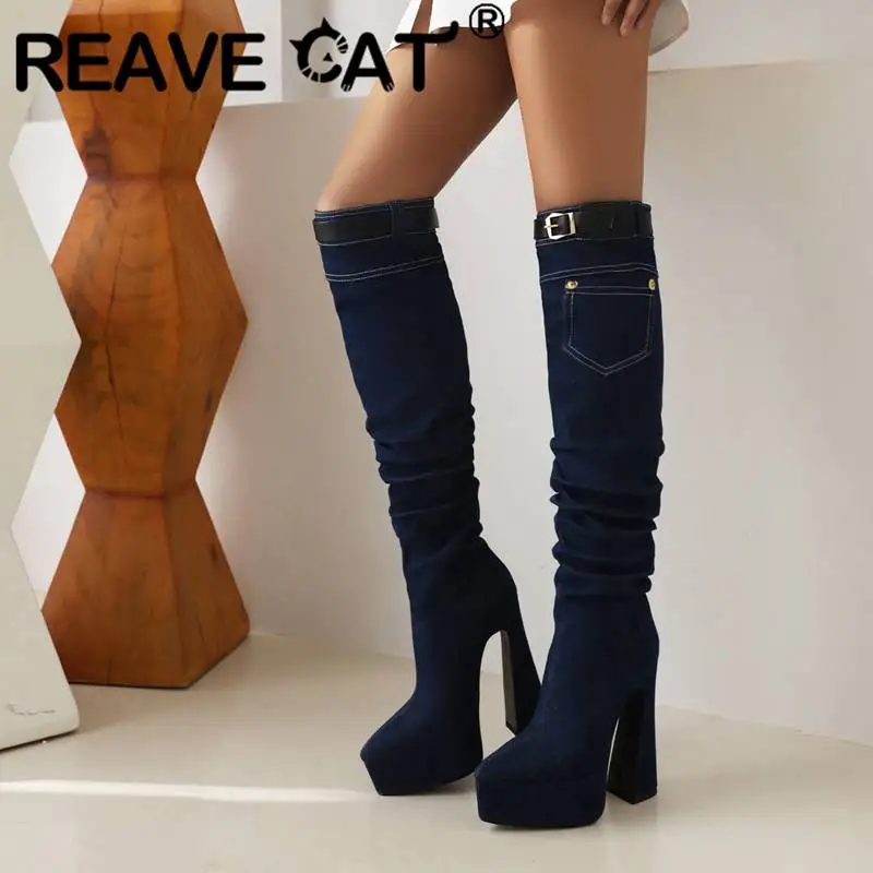 

REAVE CAT Design Shoe Woman Thigh Booty 50cm Denim Pointed Toe Platform 5cm Chunky Heels 14cm Buckle Big Size 43 Fashion Boots