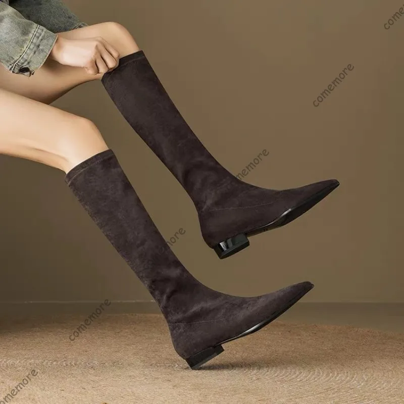 Comemore Stretchy Knee High Boots for Women Pointed Toe Slip on Low Heel Long Booties Suede Solid Color Elegant Woman Shoes