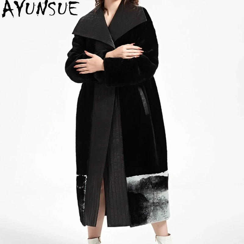 

AYUNSUE натуральная дубленка, шуба, женская зимняя одежда, длинная стильная куртка из натуральной кожи, женская уличная одежда, 2025 г., с принтом чернил