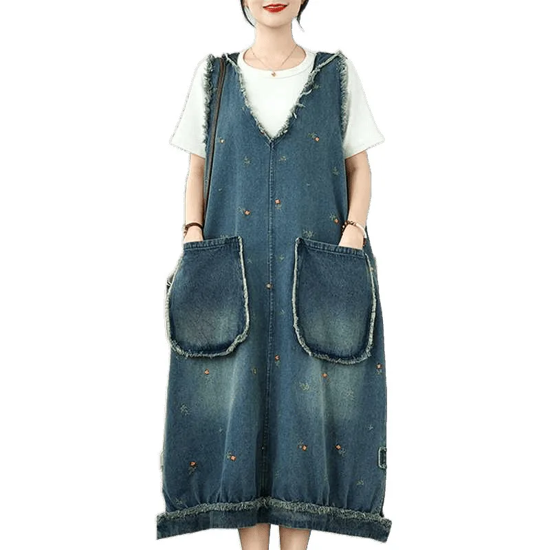 2025 nuevo vestido de chaleco de mezclilla suelto informal con capucha y cuello en V bordado con bolsillo grande para mujer de verano