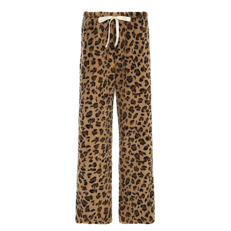 Biikpiik leopardo calças peludas loungewear rendas calças casuais senhora moda streetwear outono inverno roupas de fundo quente