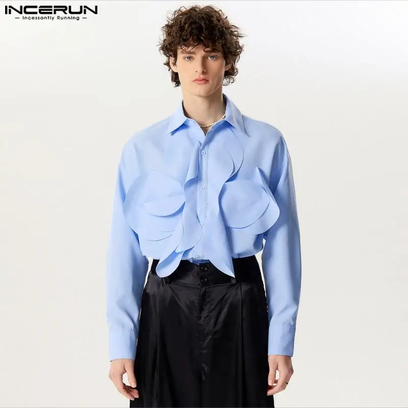 INCERUN Tops 2024 American Style New Mens Personality Layered Flower Design Shirts Handsome Male Solid Long Sleeved Blouse S-5XL