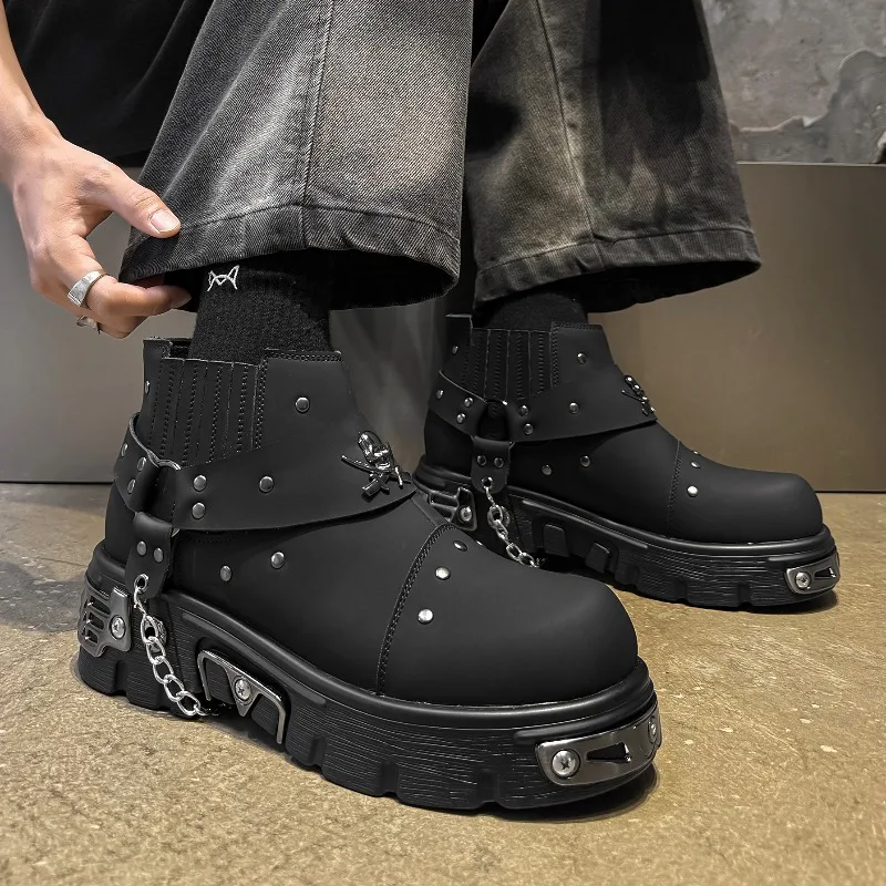 Men Black Punk Platform Boots Studded Buckle Straps Chain Decor Chunky Lug Sole Gothic Rock Ankle Boots