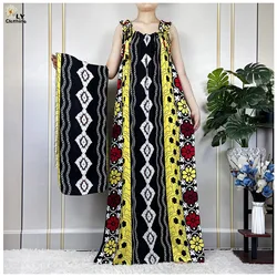 2023 New Dubai Women Cotton Sleeveless Dress African Dashiki Maxi Elegant Lady Robe Summer Loose Kaftan Islam Dress With Scarfs