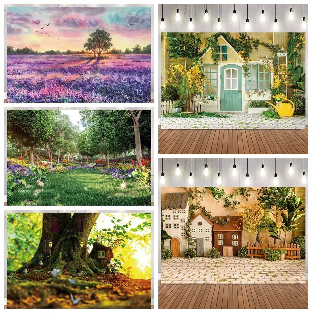 

Fantasy Garden Scene Photography Background Watercolor Lavender Mini Tree House Flower Field Rabbit Decoration Photo Backdrop