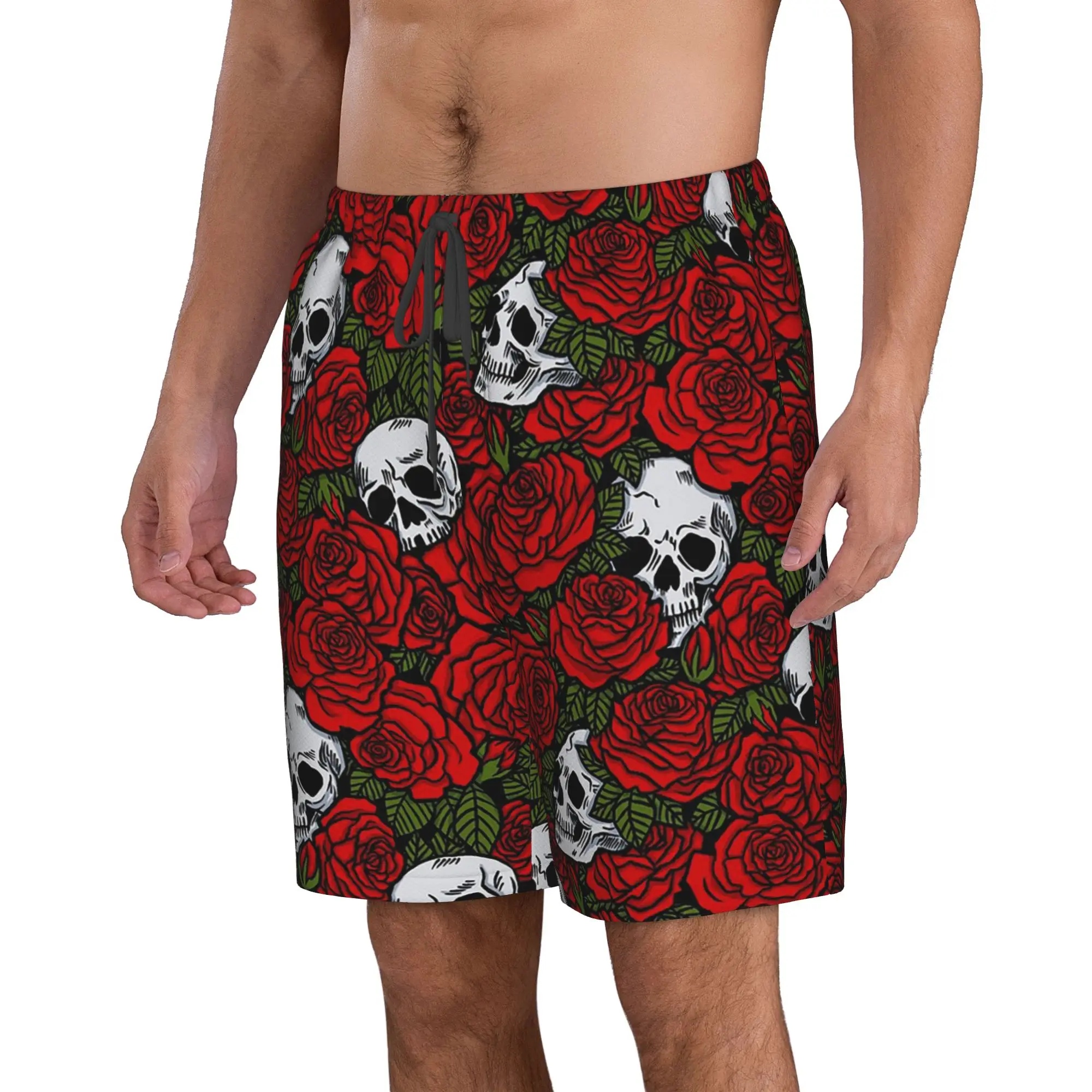 Vintage Skulls & Roses Pattern Trunks Beach Board Shorts Casual Quick Dry Swimming Summer Men Pants