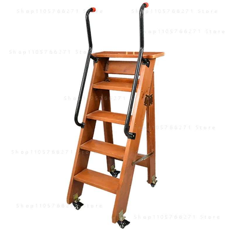 Household folding stairs Indoor all-solid wood unilateral herringbone ladder Multifunctional mobile climbing wooden ladder brown