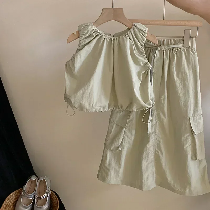 Mädchen Sommer Set neue modische Mädchen Tank Top lässige Arbeit Kleid zweiteilige einfarbige einfache Set Mädchen Kleidung