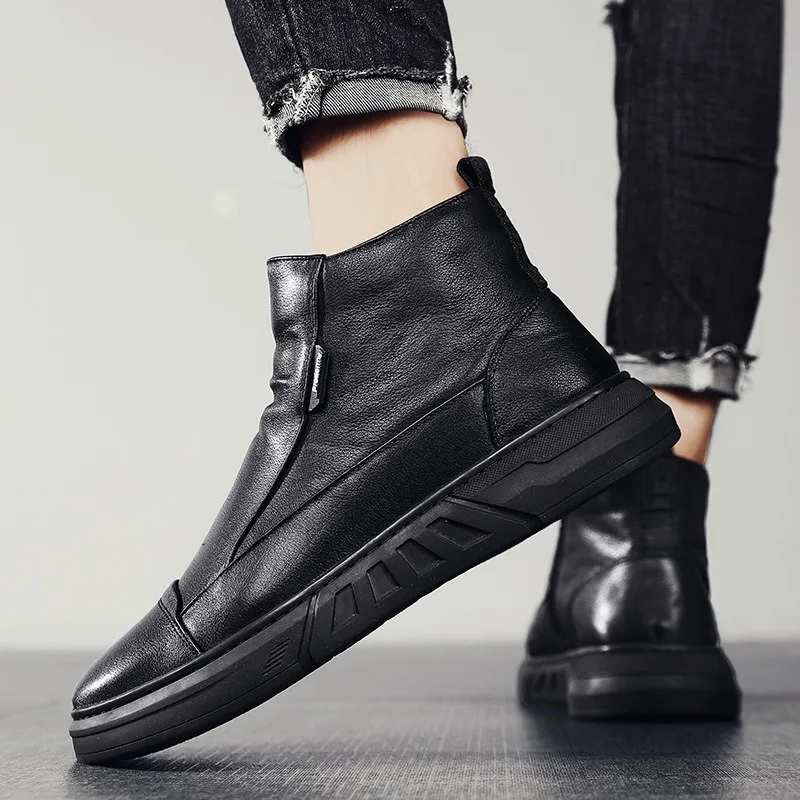 Spring New Men Black Leather Boots Fashion High Top Leather Ankle Boots Motorcycle Lace-up Platform Casual Shoes Size 39-44 2024