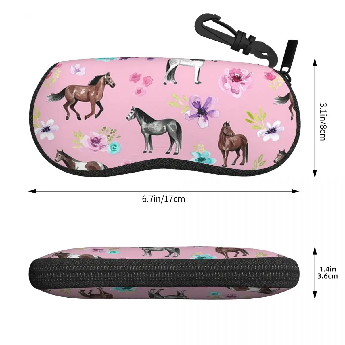 Horses And Flowers On Pink, Equestrian Art Shell Glasses Case Protector Sunglasses Box Women Men Soft Eyeglasses Bag Pouch