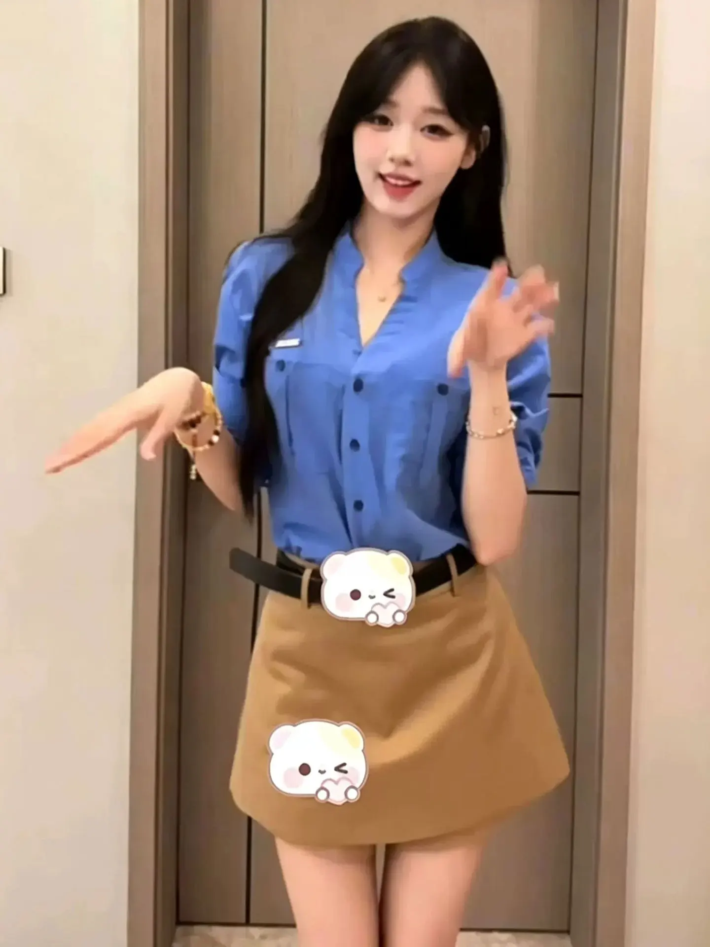 Klein Blue Long Sleeve Women's Shirt Autumn New Style Two-Piece Set Khaki Skirt Casual Fashion Outerwear Breathable Polyester