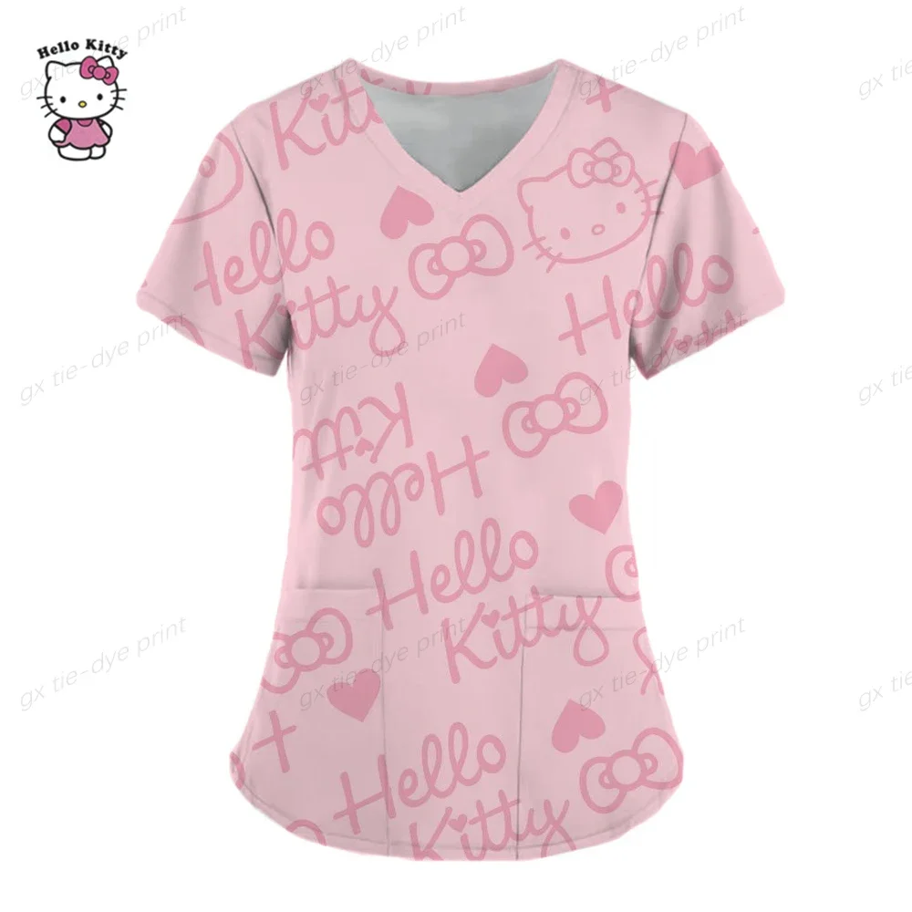 Cartoon Color Blocking Hello Kitty Printed Nurse Scrubs Women Nurse Uniform V-neck Clinic Uniform Hospital Spa pink y2k tops