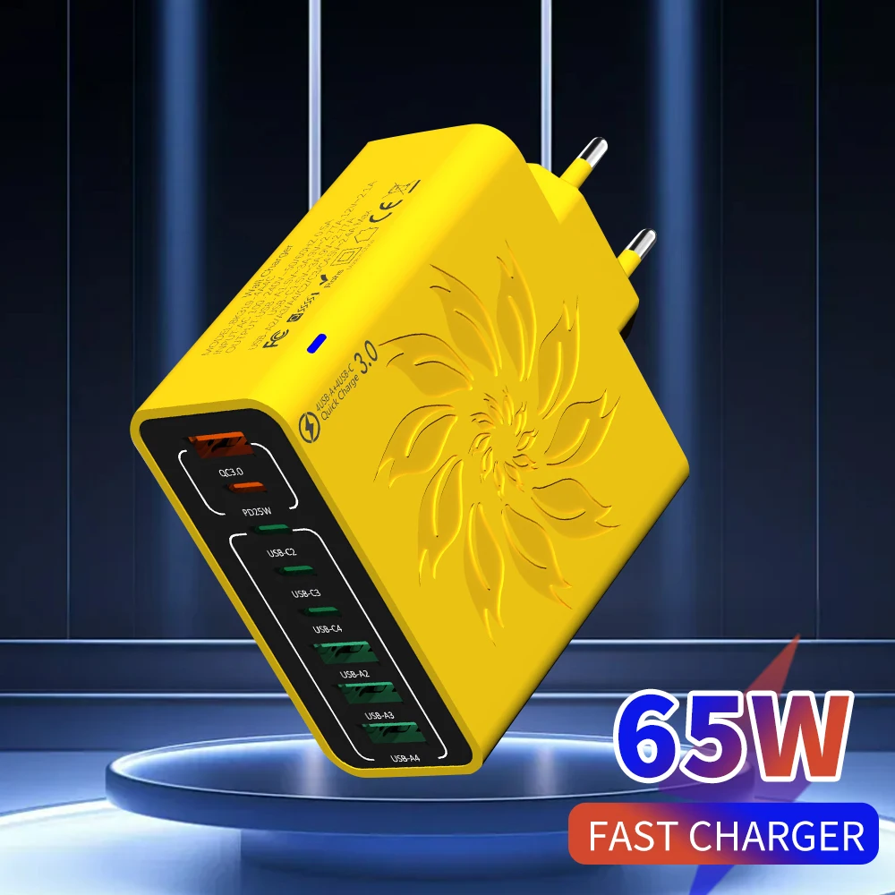 8 Ports Total 65W USB Charger Fast Charging Type C Charge Power Adapter Quick Charger USB QC3.0 Wall Travel Super Fast Charger
