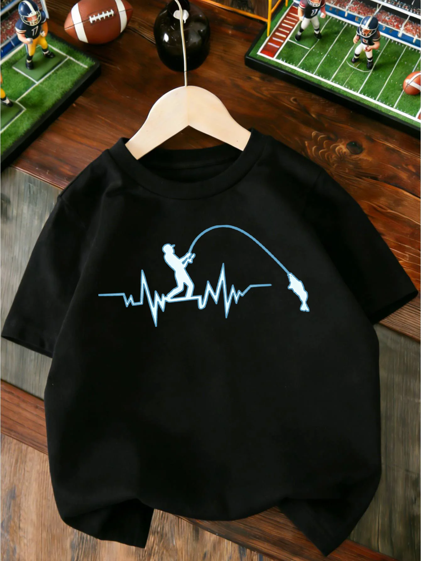 Fisherman Heartbeat Pulse Line Art Fishing Print T Shirt Boys Girls Lovely Short Sleeve Tee Family Matching Kids Cotton Tops