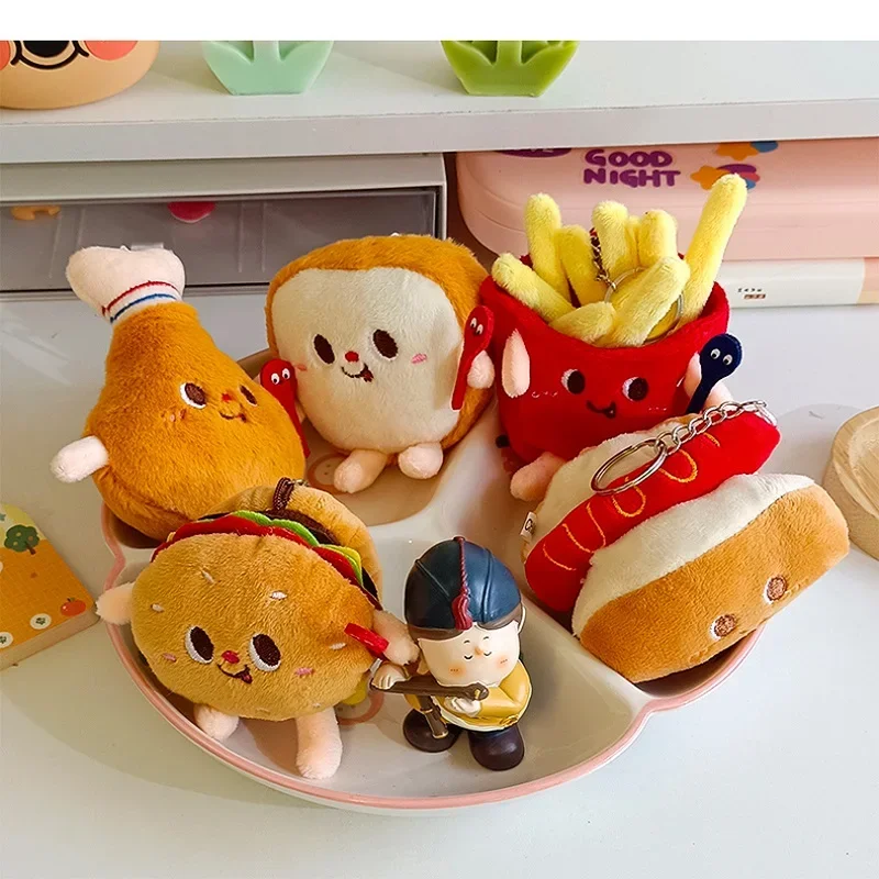 5 PCs Set Creative New French Fries Burger Hanging Bag Couple Plush Hanging Decoration Girl Heart Car Keychain Little Doll