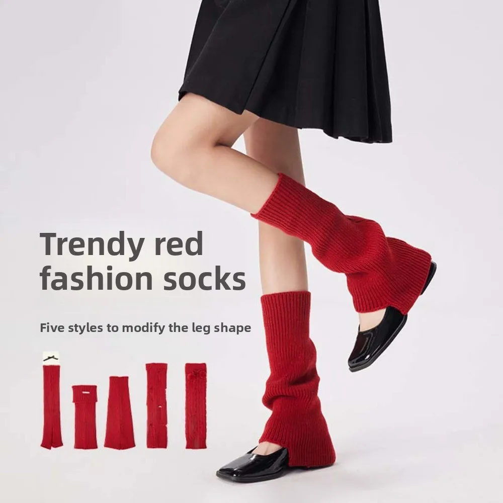 

Knit Weave Red New Year Leg Warmers Zodiac Year Socks 36/38/43cm Lolita Boots Cover Soft Chinese New Year Knee High Girls Socks