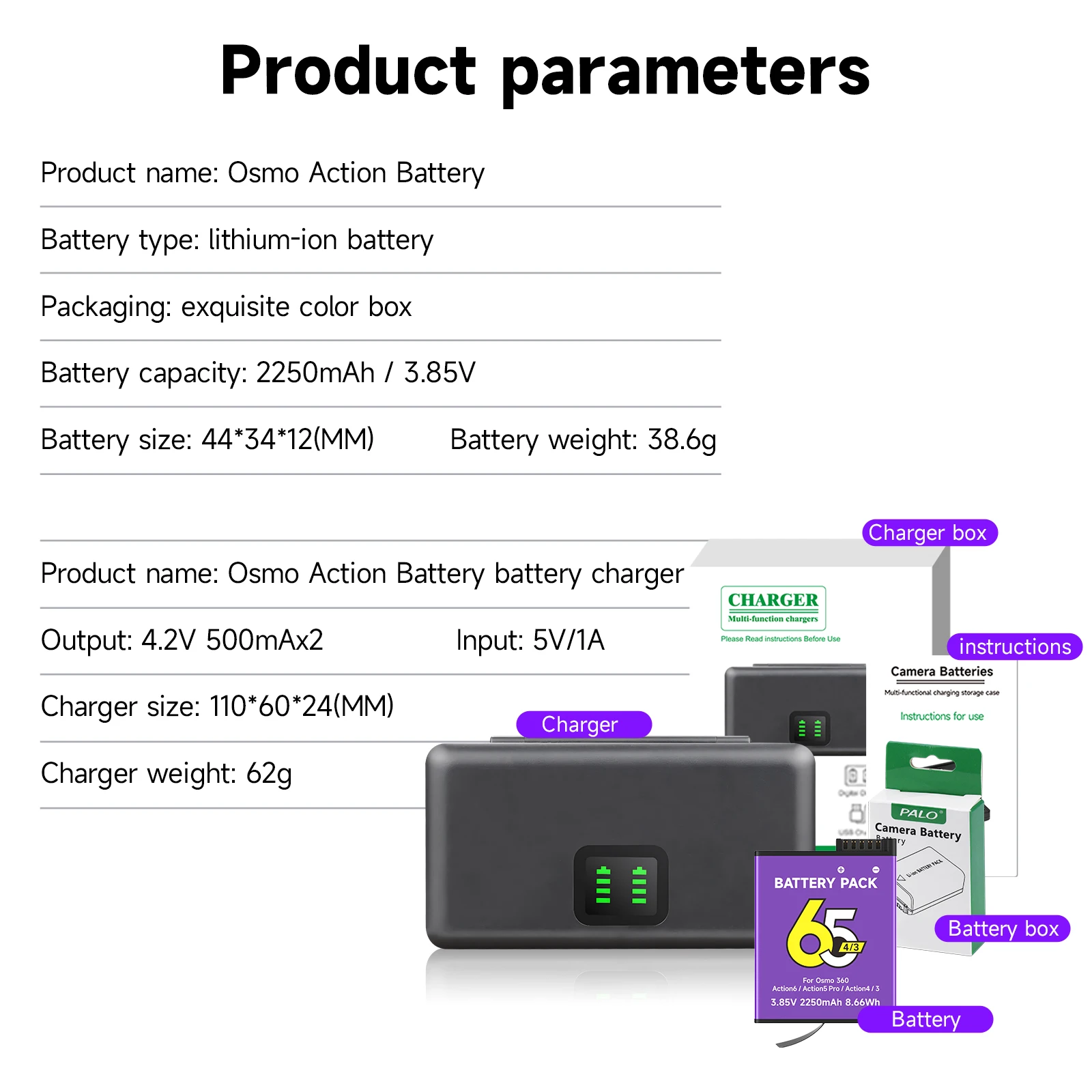 Bateria PALO 2250mAh do DJI Osmo Action 5Pro 4 3 6 z ładowarką i etui, akcesoria do kamer sportowych DJI Action 3 Action 4 — zdjęcie produktu 5