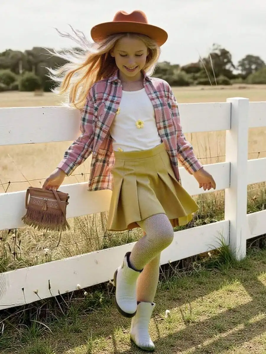 

Girls Pleated Woven Skirt in Mustard Yellow, Casual Everyday Style