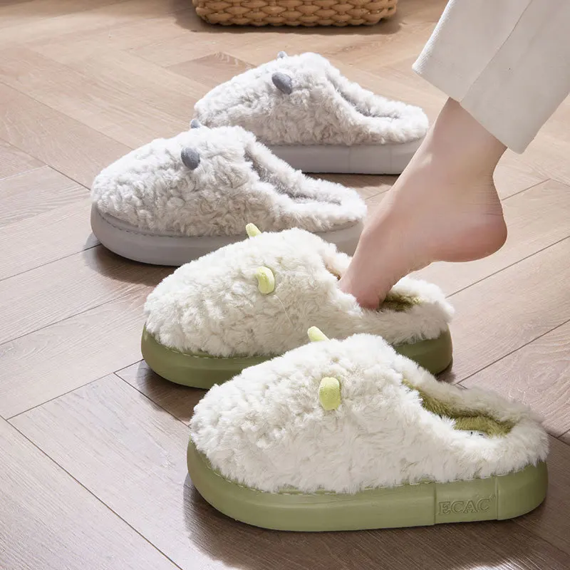 Rimocy Cute Artificial Lamb Wool House Slippers Women Thick Sole Non Slip Cotton Shoes Woman Winter Warm Plush Indoor Slippers