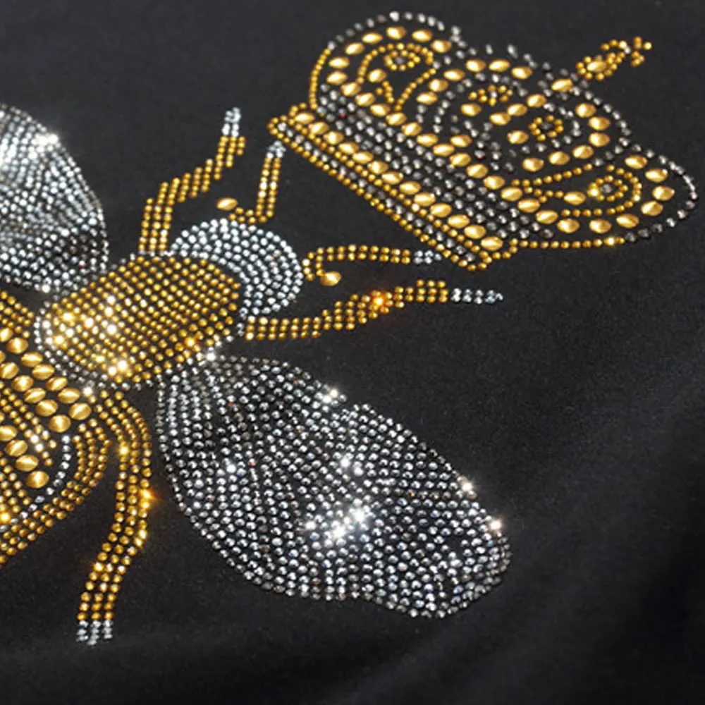 2024 New Arrivals Casual Female T shirts Women Crown Bee diamond T Shirts Fashion Beaded Black / white rhinestone Ladies T-shirt