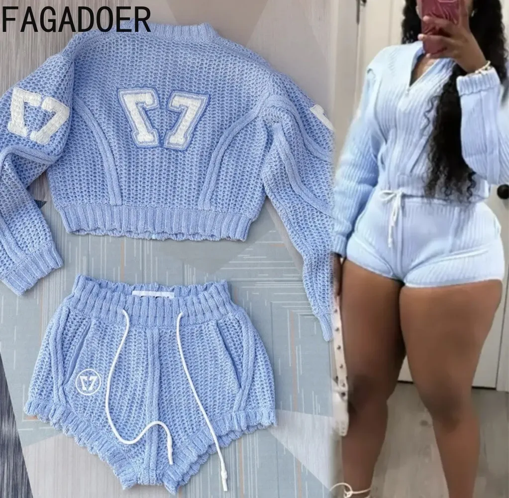 FAGADOER Blue Knitting Two Piece Set For Women Fashion Patchwork Crop Top And Drawstring Waist Shorts Suits Streetwear Autumn