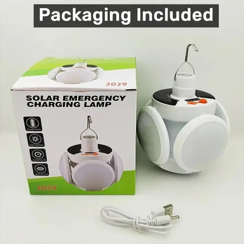 Solar Light Outdoor Folding Portable USB Rechargeable LED Bulb Search Lights Camping Emergency Lamp for Power Outages and Hook