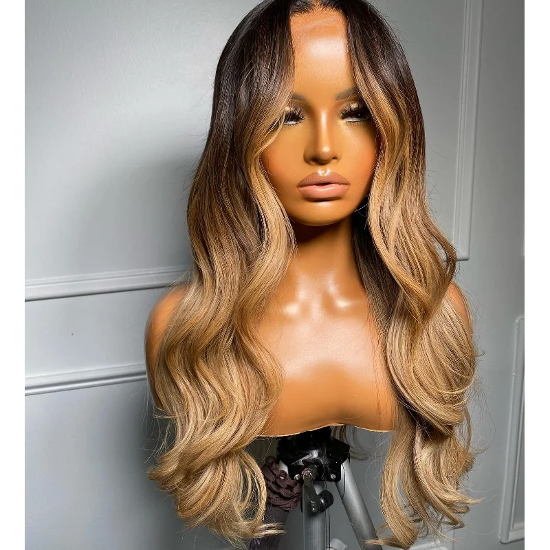 

Коричневый парик с темными корнями омбре и натуральной линией волос, волнистые свободные волны, каштановые волосы, термостойкий синтетический парик, средняя часть для женщин
