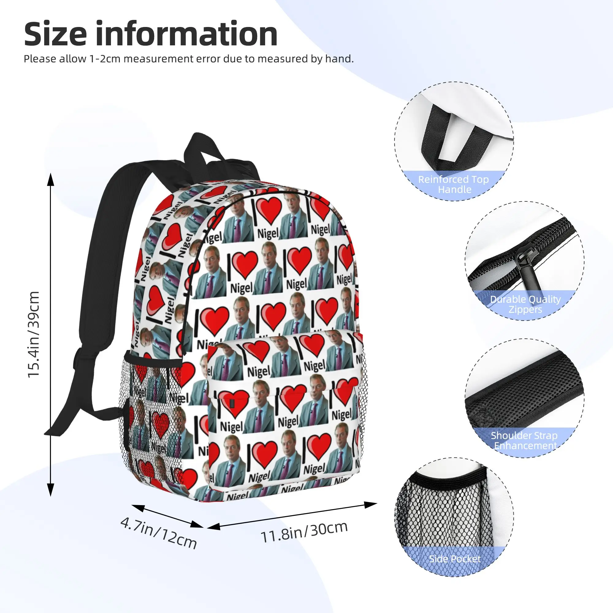 Fantastic I Love Nigel Farage Design Backpack Hot Sale Daypack Boys Girls BookBag Shoulder Bags for Men Women School Bag