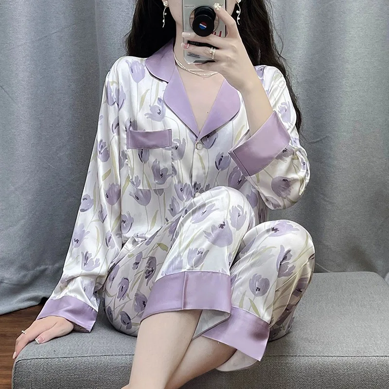 Women's Pajamas Sets Spring Autumn 2 Piece Tulip Floral Pyjama Faux Silk Satin Sleepwear Long Sleeve Pijama Mujer Pjs Homewear