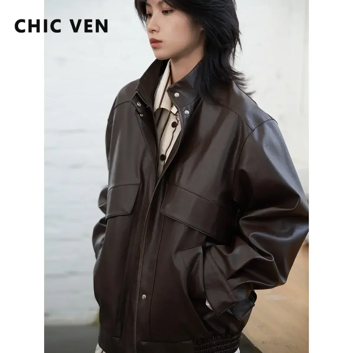 CHIC VEN Fashion Women Jacket Solid Thick Warm Stand Collar PU Faux Leather Coat Female Top Quilted Overcoat Autumn Winter 2025