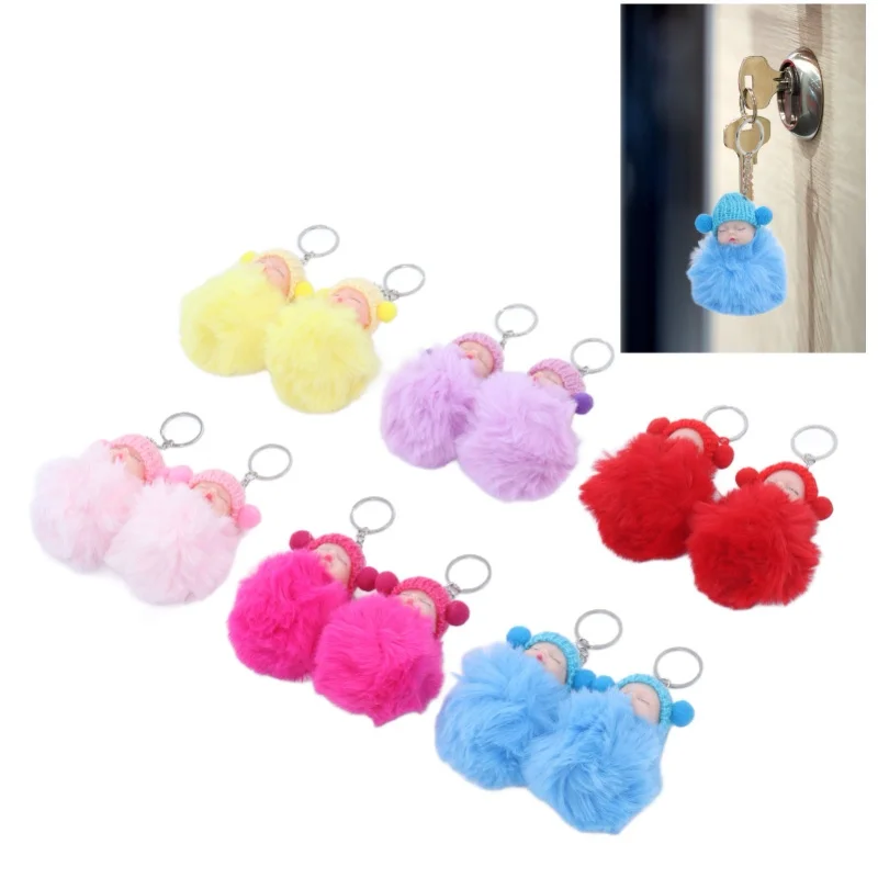 12 Pcs Sleeping Baby Pendant Key Ring Plush Fluffy Cute Emulational Doll For Handbag Purse NO.892-15