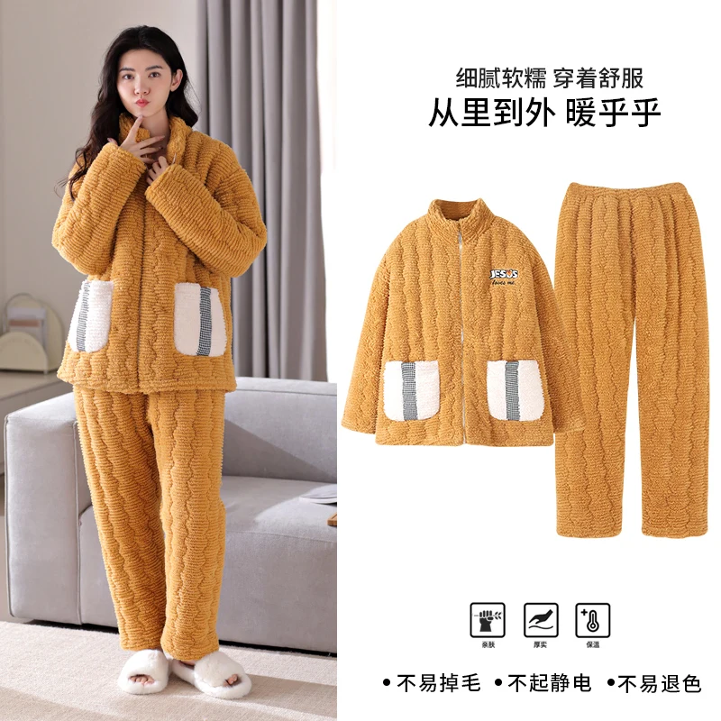 

High Quality Casual Three-layer Clip Cotton Pajamas Women Flannel Quilted Sleepwear Female Warm Pijamas Mujer