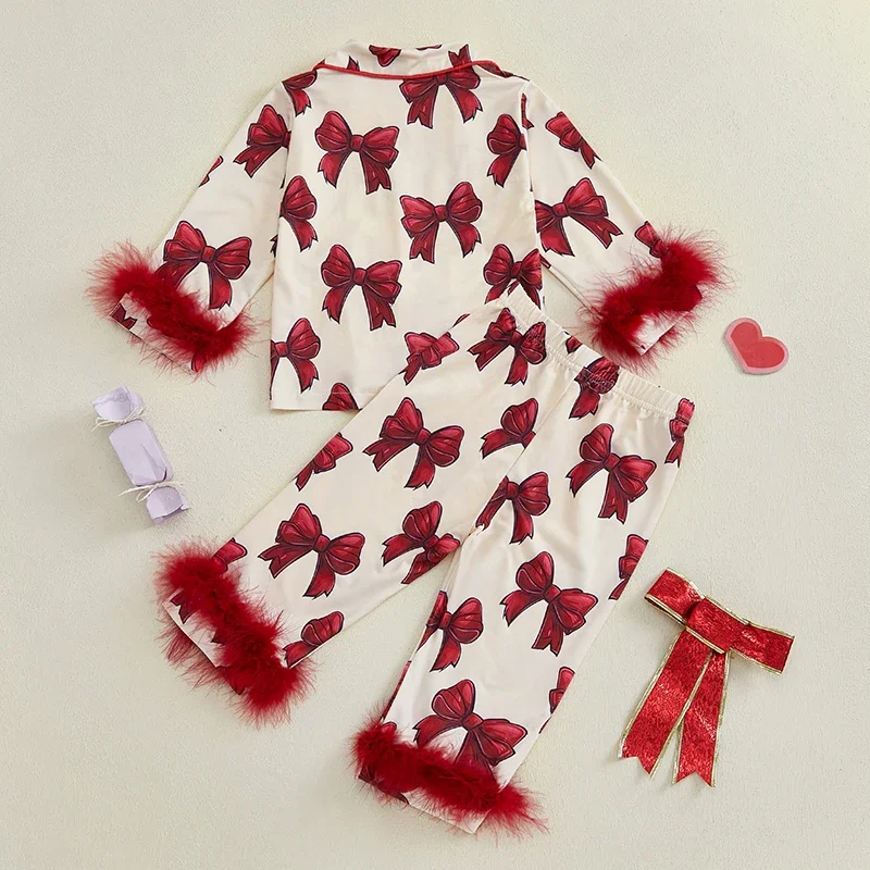 Toddler Baby Girl Sleepwear Homewear 2Pcs Feather Trim Long Sleeve Bow Print Shirt Trousers Clothes Set Toddler Pajamas Clothing