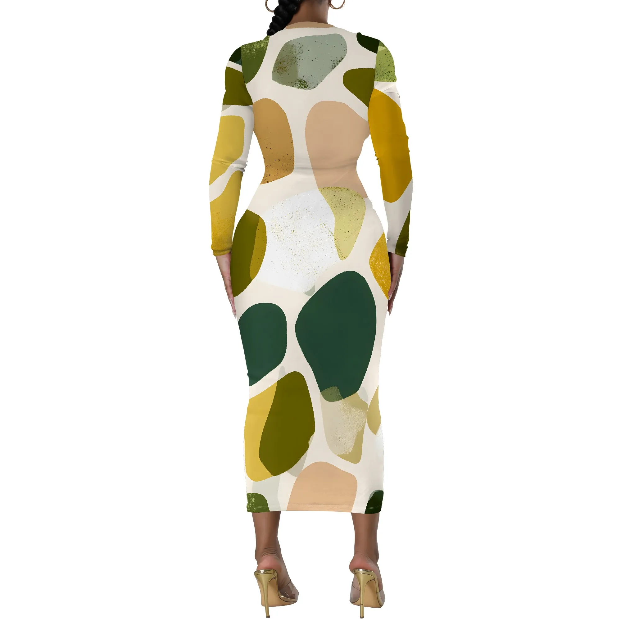 Slim Fit Long Dress, Abstract Print Maxi Dress, Bodycon Party Gown, Elegant Evening Wear for Women, XS-2XL