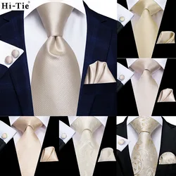 Hi-Tie Solid Champagne Ivory Floral Design Wedding Tie For Men Quality Hanky Cufflink Fashion Nicktie Business Dropshipping