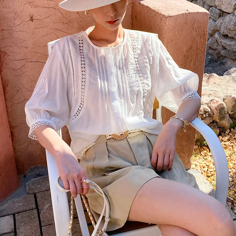 

Women's White Lace Blouse Sheer Summer Boho Top Hollow Out Casual Shirt