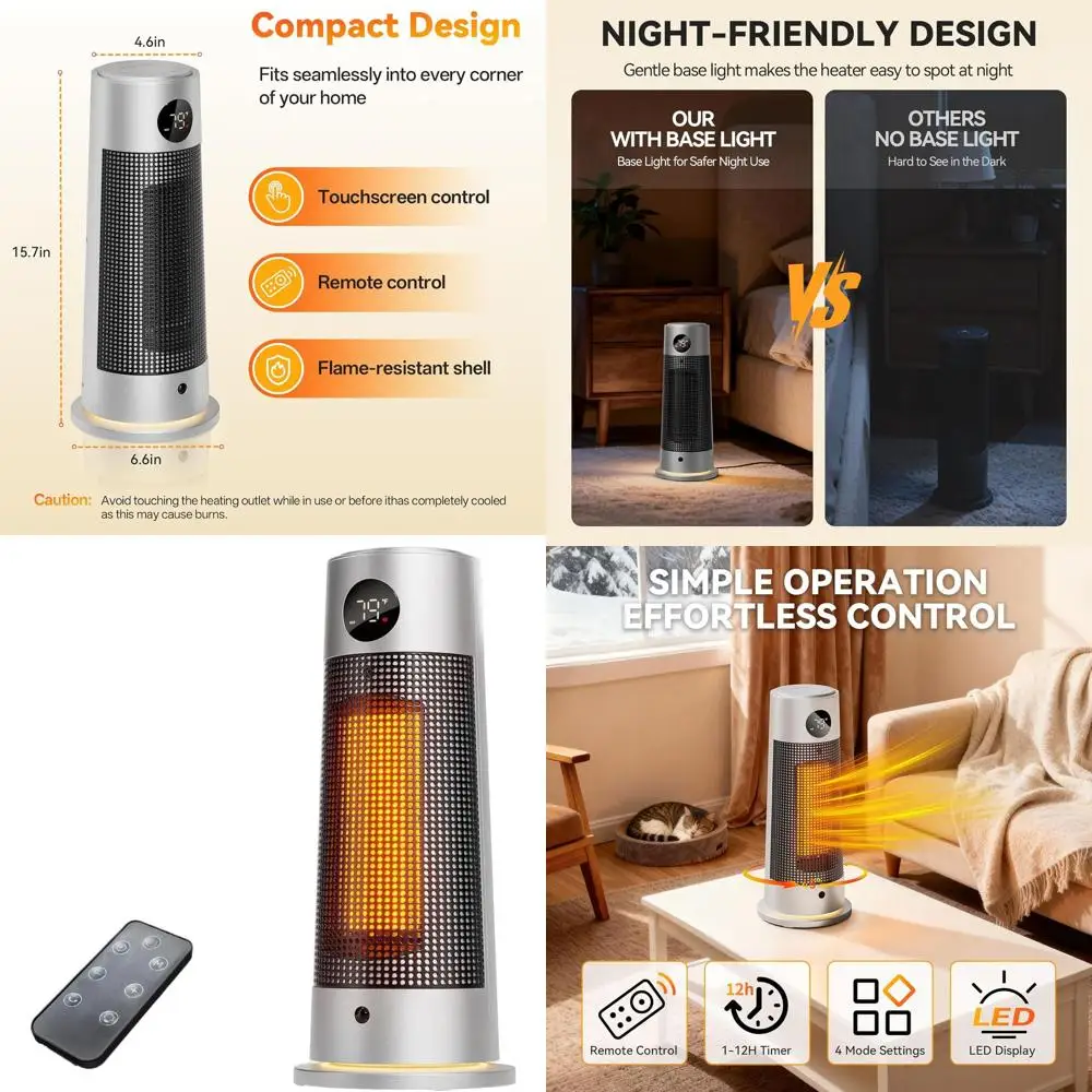 

Внутренний башенный обогреватель 15,7 с дистанционным управлением, быстрая керамика PTC, 45 ° Осцилляция, 12-часовой таймер, тихий и безопасный для дома/офиса