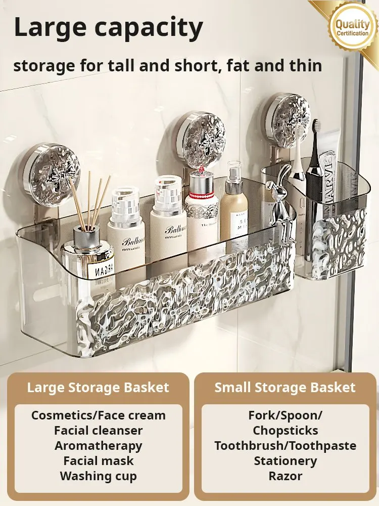 

Light Luxury Style Glacier Pattern Suction Cup Shelf Punch-Free Wall Mounted Storage Rack Draining Basket Holder for Bathroom