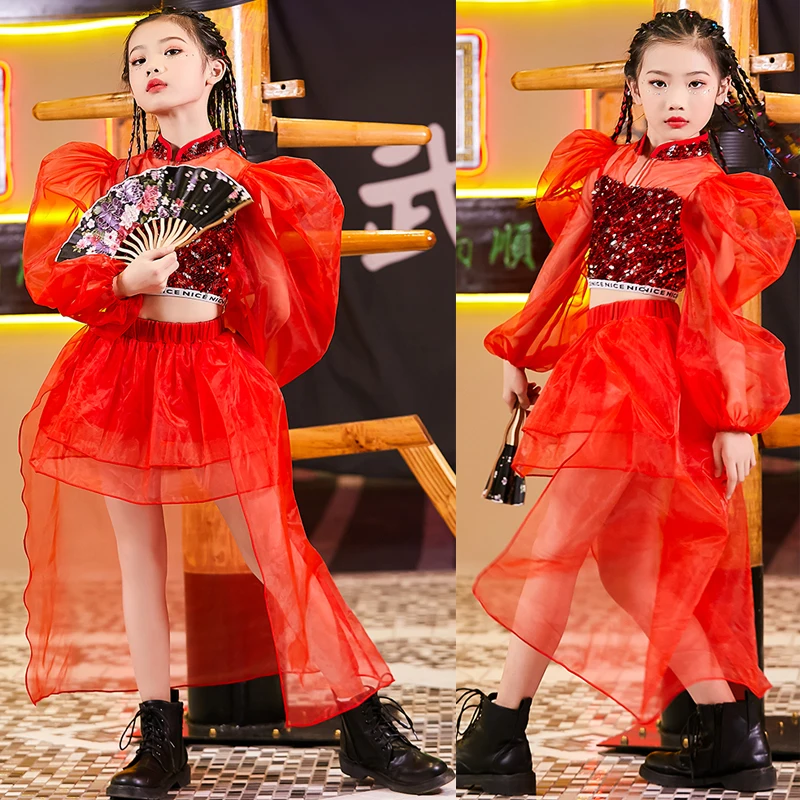 

Costume Ballroom Performance Wear Tops Skirt Suits cos Children kids Girls Catwalk Costume Puffy Sleeves Red Sequin Jazz Dancing