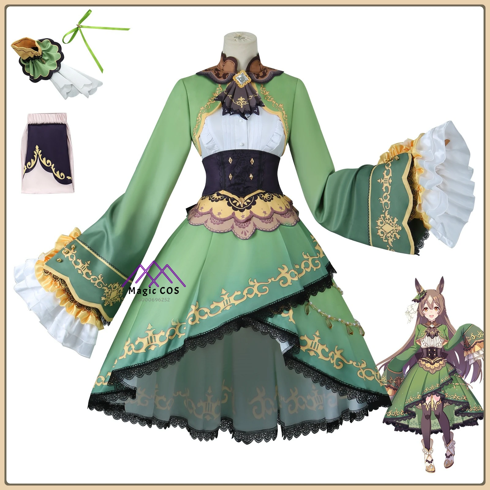

Uma Musume Mimikaze (Female) Costume Polyester Green Dress+Simulation Silver Wig Full Set Anime Clothes for Halloween Party Suit