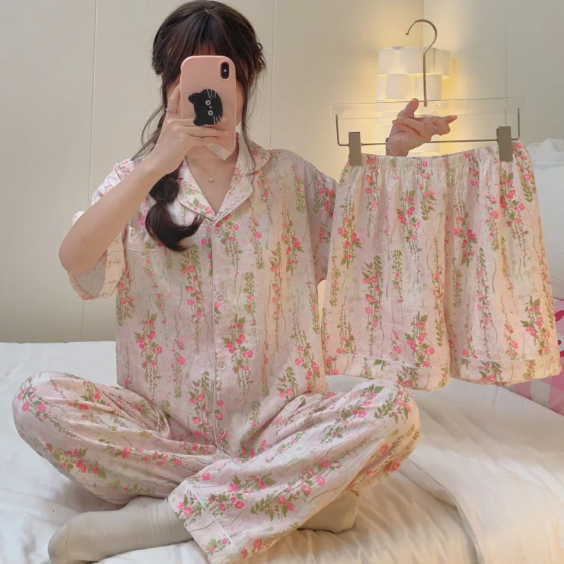 Summer New Women's Short-Sleeve Pajamas Small Floral Cloud Cotton Pajamas Girl's Short-Sleeve and Shorts Three-Piece Homewear Se