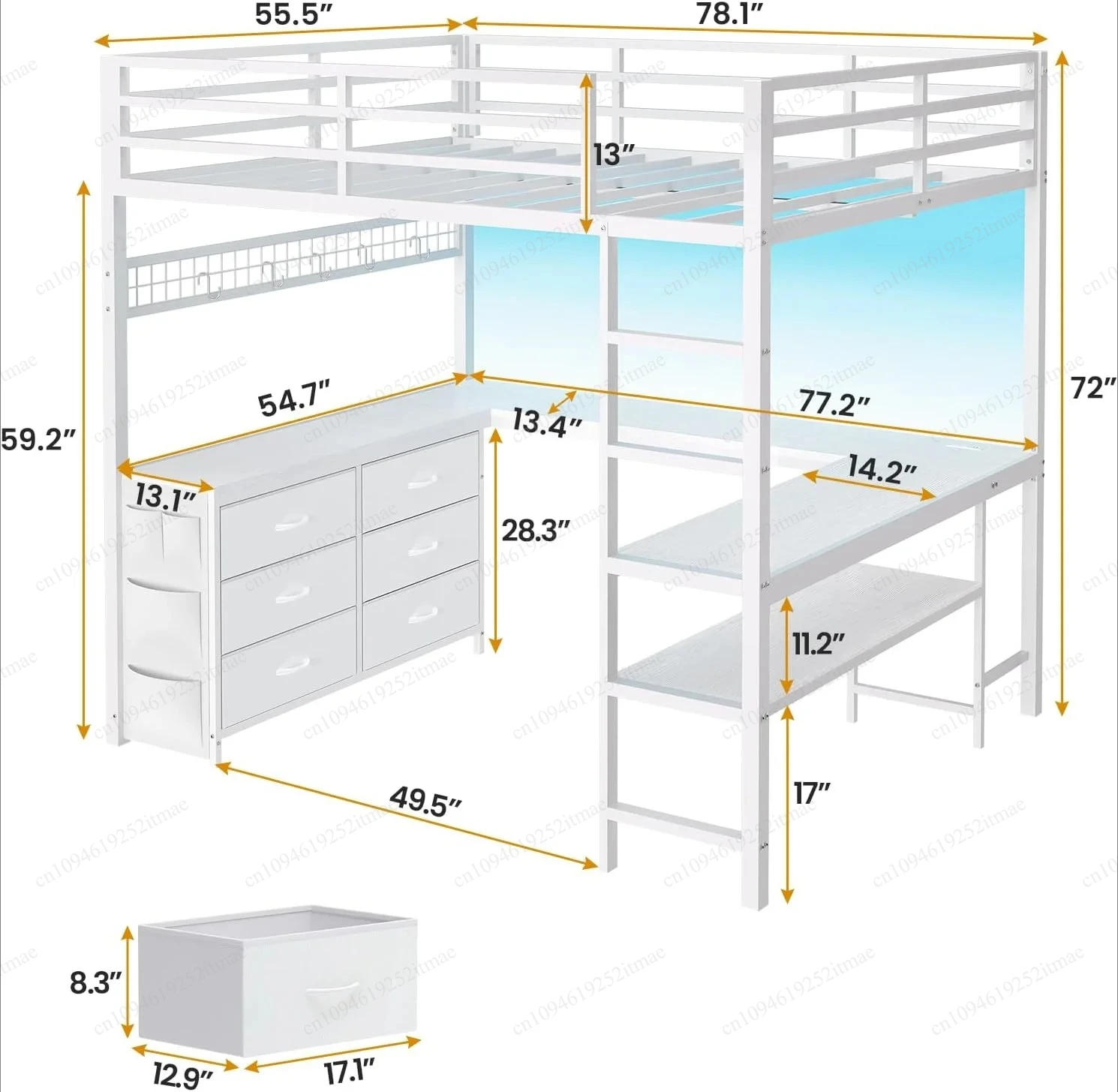 Metal Loft Bed With Desk Drawer Shelf And LED Light