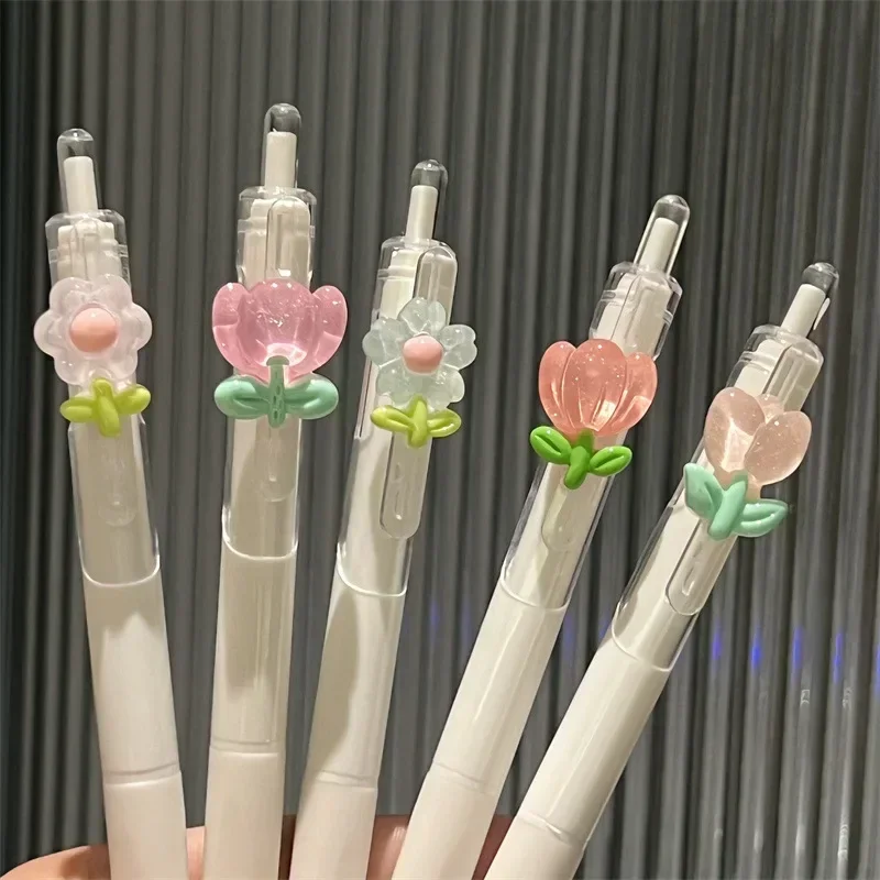 2PCS Cute Flower Gel Pens Quick-Drying Black Ink Aesthetic Kawaii Flower Gel Pen 0.5mm ST Tip Writting Pen Random Color